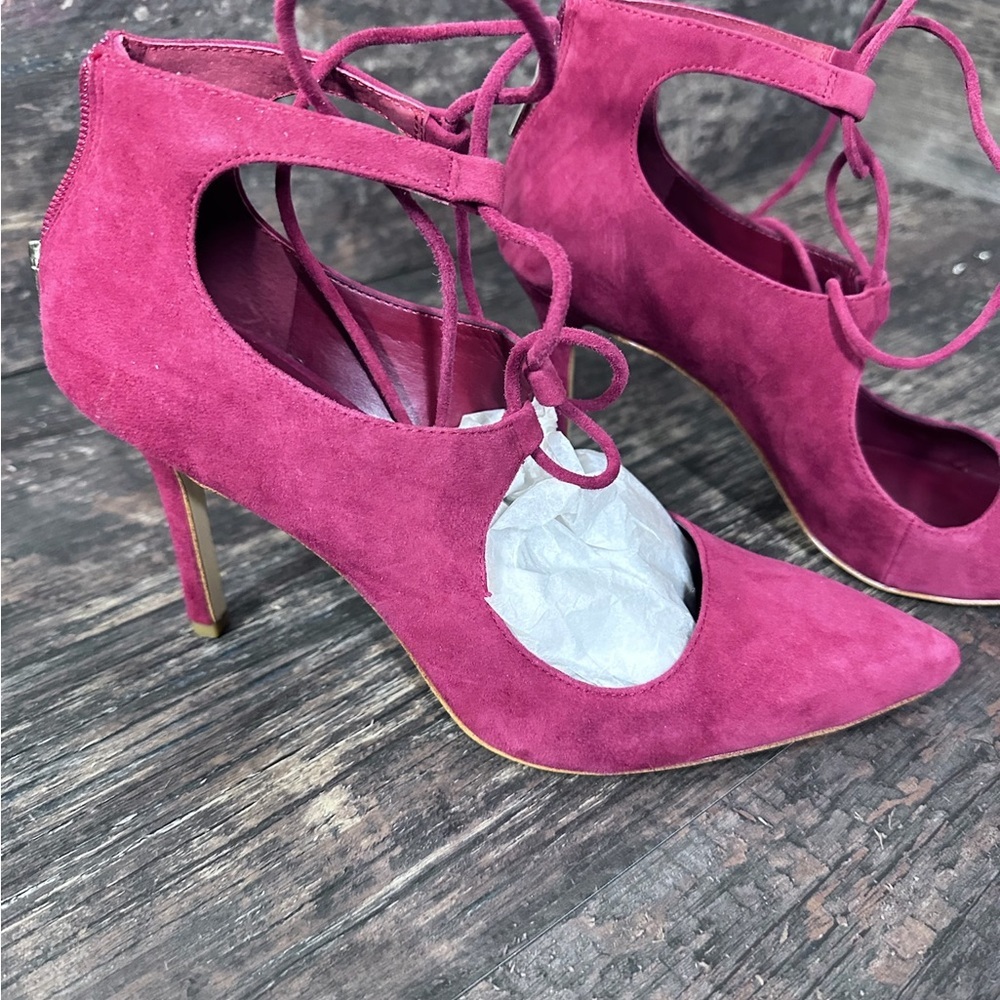 Lord & Taylor Red Suede Lace Up Pointed Heels